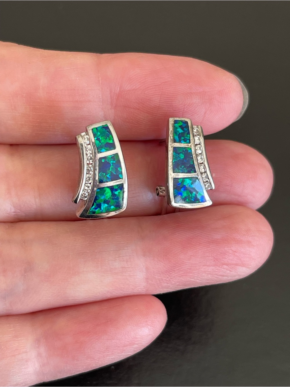 925 Sterling silver Opal Inlay & Cubic Zirconia omega backing Earrings.